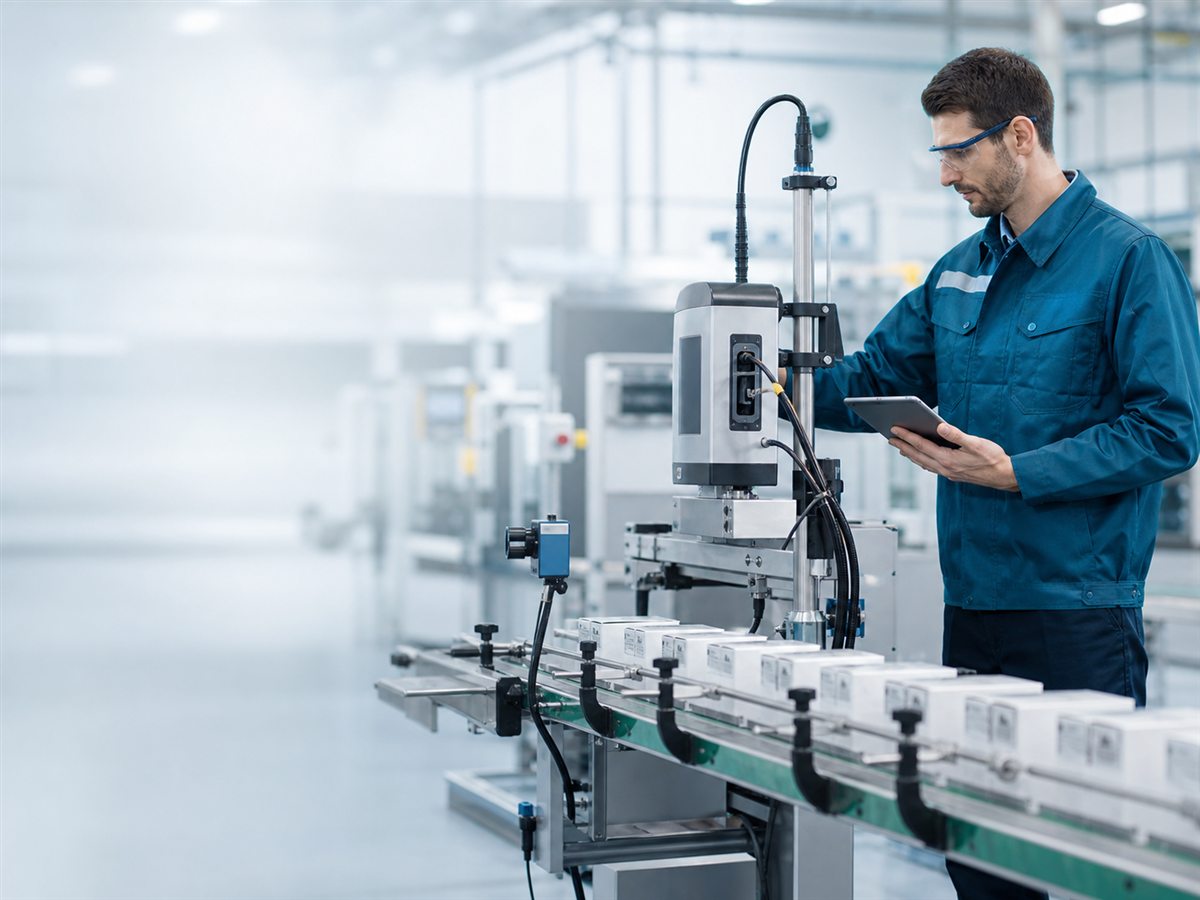 Técnico trabajando con un sistema de codificación industrial